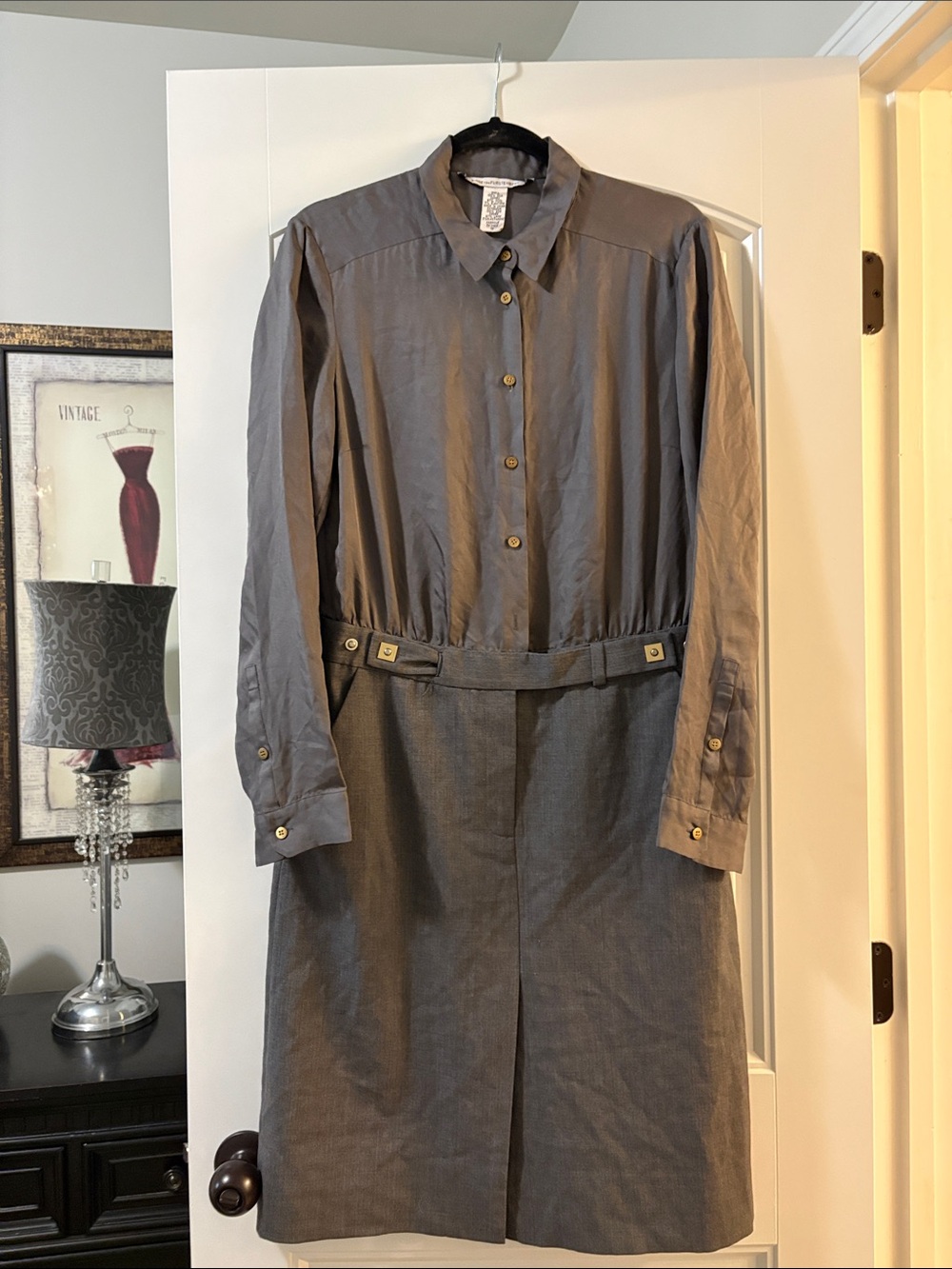 Diane Von Furstenberg Gray Long Sleeve Shirt Dress with Belted Waist